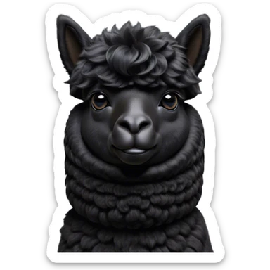 Cinematic Noble Black Alpaca Portrait Emoji, Poised and regal, with a striking, sturdy build and a sleek, well-groomed jet-black fleece, deep-set soulful dark eyes, Simplified yet sharp and sophisticated features, highly detailed, glowing with a soft, dignified glow, high shine, intelligent and mysterious, stylized with an air of elegant austerity, focused and attentive, soft glowing outline, capturing the essence of a watchful and confident companion, so majestic it feels as though it could stride out of the screen with effortless authority! sticker