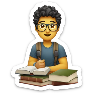 joven estudiante con  con un libro en sus manos y en su cabeza, junto a muchos libros y una lampara y un libro en su cabeza, con muchos y muchos  libros, de piel blanca sticker