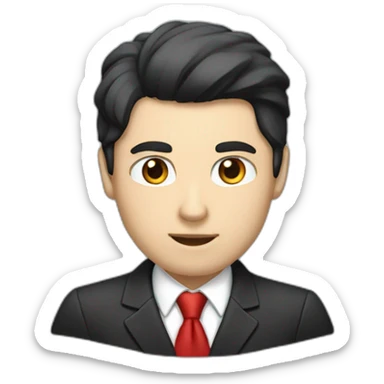 Boss with white cat, white skin, black hair, brown eyes, black jacket with red tie. speek with client sticker