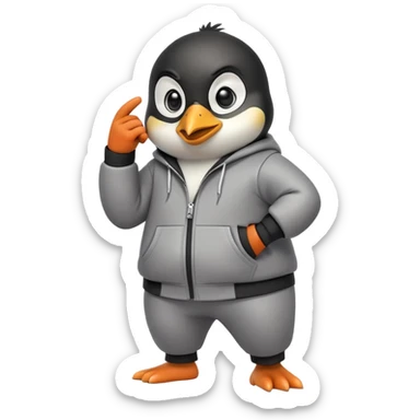 friendly anthropomorphised penguin wearing a mafia-style tracksuit, secretive scheming pose, soprano vibe, angry expression, walking quickly with a tense hurried stride, holding a knuckle duster sticker