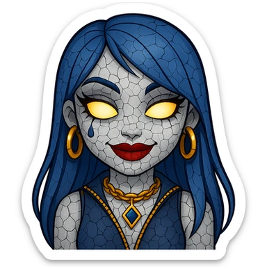 Add cracked porcelain effect to the emoji, keep glowing eyes, creepy gyaru style, blue hair, pretty makeup, bratz baddie vibe, emoji style, with no background. sticker