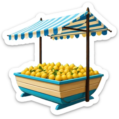Mediterranean lemon stand by the sea, blue and white striped canopy
Fresh yellow lemons stacked, wooden boats and turquoise water background
Bright sunlight, Italian coastal summer vibe, vibrant colors sticker