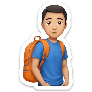 an asian man in blue t-shirt with orange backpack on the back. Eiffel tower on the background. shoulder length picture sticker