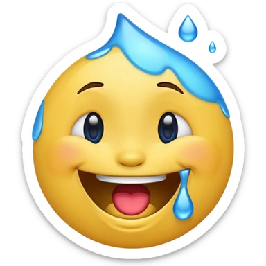 Emoji, yellow round laughing hysterically face, with blue tears of joy on it.  sticker