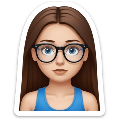 White girl with long straight brown hair and blue eyes wearing plastic frame glasses that go from black to clear ombré from top to bottom. Stud nose piercing on right side of nose and a septum piercing (the ring on bottom of nose). Wearing black tank top. sticker