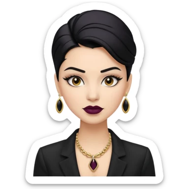 “Emoji girl, sculpted contour, bold dark lipstick, defined brows, sharp eyeliner, sleek black hair updo, statement necklace, black blazer.” sticker