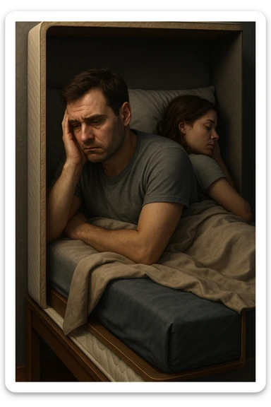 Vertical, hyper-realistic 3D cutaway illustration: uomo con difficoltà con la propria compagna nel letto, faccia depressa sticker