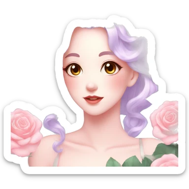 Gorgeous pastel shiny pearly anime style lady with blushing face and roses leaves shiny aesthetic trending style sticker