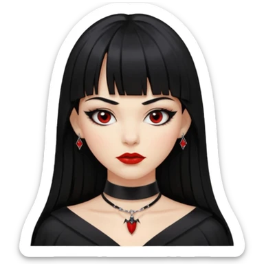 mulher cabelos pretos longos e lisos com uma franja curta acima dos olhos, olhos pretos com delineado, expressão séria, com um sorriso sensual e lábios vermelhos, ela usa uma gargantilha preta com um pequeno pingente de morcego preto e roupa com decote nos seios sticker