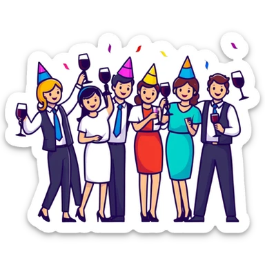 group of happy office workers celebrating with party hats, confetti and wine glasses sticker