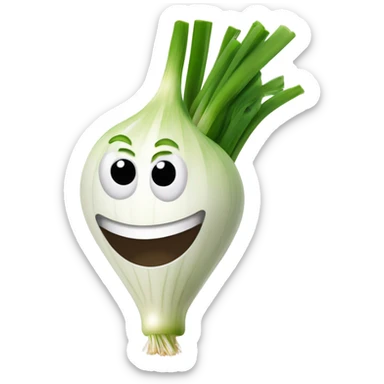 Smiling green onion with a bundle of long, thin green stalks as hair, big expressive eyes, and a cheerful cartoonish face on the white bulb section. Vibrant and playful design. sticker
