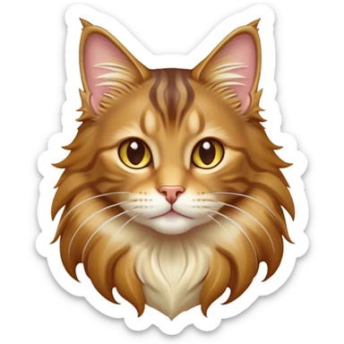 Cinematic Cute Maine Coon Cat Portrait Emoji, Head tilted playfully and inquisitively, sleek brown, gold, and cream tones, Simplified yet adorable features, highly detailed, glowing with a warm, friendly glow, high shine, curious and affectionate, stylized with a touch of whimsy, bright and alert, soft glowing outline, capturing the essence of a mischievous yet loving kitten, so endearing it feels like it could pounce out of the screen and play with its fluffy tail swishing! sticker