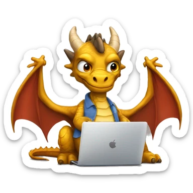 dragon with wings, working on a laptop, wearing a shirt with the words hump day on it, with a cup of coffee in his right hand sticker