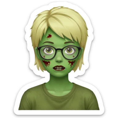 a green girl masc zombie with glasses and short blonde hair like a mullet sticker