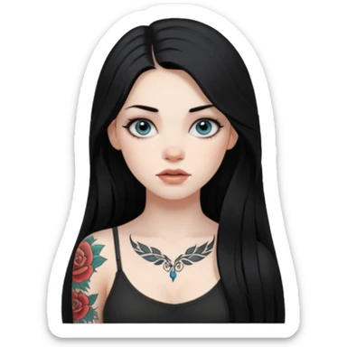 an ios genmoji for a fair girl with black long hair  tattooed, beautiful girl sticker