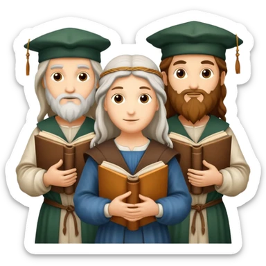 group of famous Renaissance figures like Leonardo da Vinci and Michelangelo with scrolls or books sticker