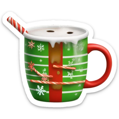 mugs with a hot drink decorated with snowflakes or a striped caramel stick. Steam rises from the mug in the shape of hearts. The color of the mug is warm red or green to convey the New Year mood sticker