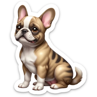 cinematic-[french bulldog]-realistic-full-body-sitting-emoji,-tail-resting-loosely-beside-its-paws,-head-tilted-dramatically,-sleek-[pied brindle]-fur,-simplified-yet-realistic-focused-features,-highly-detailed,-glowing-with-an-almost-sarcastic-glow sticker