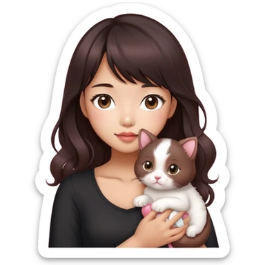 Asain girl with pink blush, wearing a black skinny top, long dark brown curled hair with straight bangs. Carrying a white kitten and a brown sausage puppy.  sticker