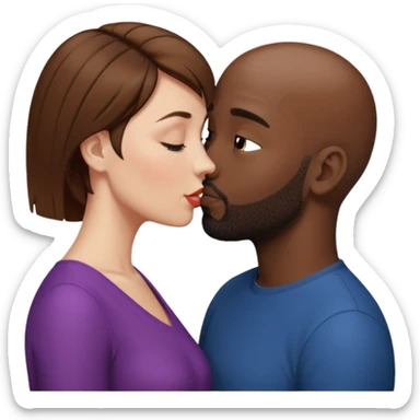 a white woman with short brown hair and a black man with no hair and a beard are facing one each other.  The woman is giving a kiss to the man's forehead sticker