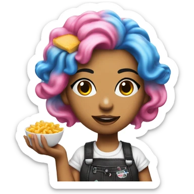 Punk girl with blue and pink hair puts ketchup on Mac n cheese sticker