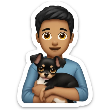 boy short black hair holding a black and brown chihuahua  sticker