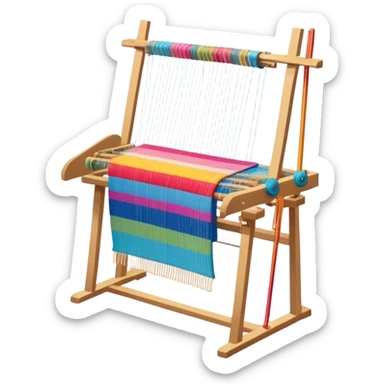 Create an icon that represents the hobby of weaving. The design should include a loom, threads, and a partially woven fabric, along with a piece of colorful fabric and sewing patterns. Include a representation of finished clothing, like a simple shirt or dress, made from the woven fabric. The composition should feel balanced and harmonious, reflecting the creative and intricate process of weaving and sewing. The background should be transparent. sticker