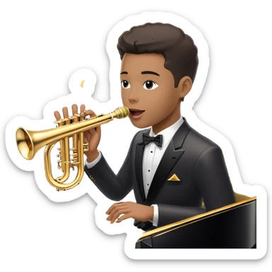 Create an elegant and vintage-inspired emoji representing jazz vocal performance with a classic jazz microphone, a grand piano, and a Selmer Model 19 trumpet resting on top of the piano. The design should feature a sleek, vintage microphone (like those from the 1940s) with a glossy, metallic finish. The piano should be depicted with a shiny black finish, and the trumpet should have a polished, golden look, resting gracefully on the piano keys. Add subtle musical notes or a soft soundwave to suggest the flow of music. Use rich, deep colors like gold, black, and silver to evoke the timeless, classy vibe of jazz. The background should be transparent. sticker