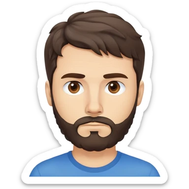 Caucasian Argentine man with wavy dark brown hair, longer loose hairstyle with wavy bangs, short full beard, serious-neutral expression, basic blue t-shirt sticker