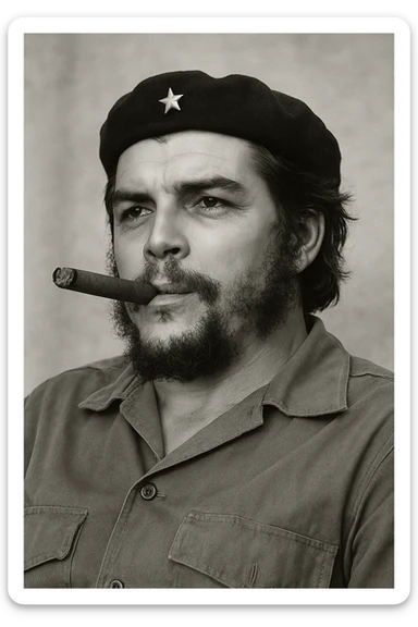 Сгенерируй мне в такой же позе и в такой же одежде Че Гевара и с сигарой в зубах, без надписей и слов sticker