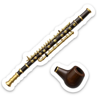 Create an elegant and detailed emoji depicting a black oboe with a cane. The design should showcase the smooth finish of the dark wood oboe with the metal keys clearly visible. A yellow thin bamboo cane should be carefully placed at the top of the instrument, emphasizing its important role in creating sound. Add subtle details such as silver or brass inserts on the keys to emphasize the high quality of the instrument. Use deep black, silver, and wood tones for the oboe to emphasize its refined appearance. The background should be transparent. sticker