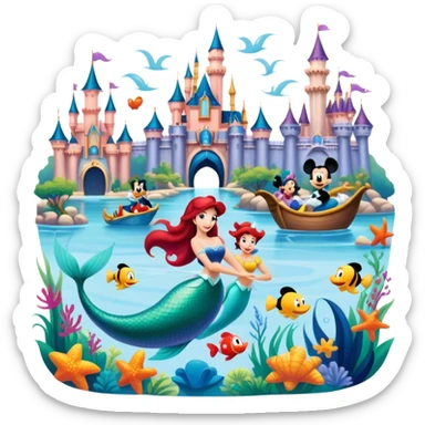 A vibrant collage featuring iconic characters like one Goofy, one Mickey Mouse, one Ariel the Little Mermaid, one Jasmine and one Franco. Each character should be large and bright, set against a cheerful and playful background with Disneyland. Transparent background. sticker