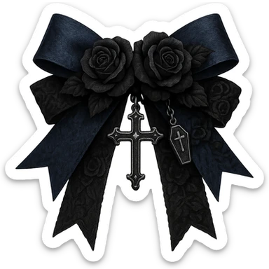 Edit the image to depict a blue gothic bow with layered ribbons, a cross pendant, black rose accents, and a tiny coffin charm. The background should be removed. Maintain a gothic style with layered textures and dark floral accents. sticker