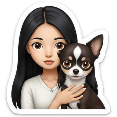 Thai girl with long black hair holding a black and white Chihuahua dog sticker