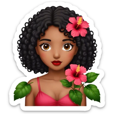 Girl with brown skin with black curly hair holding hibiscus flowers sticker