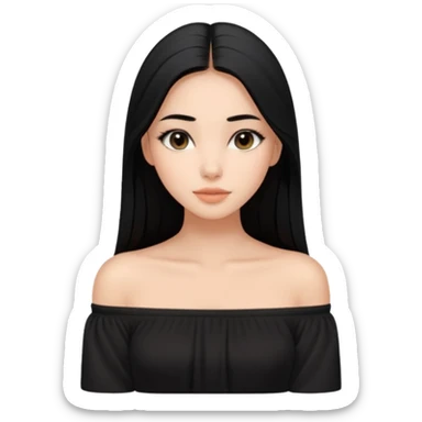 A realistic 3D avatar of a young woman with a soft oval face, slim cheeks, natural almond eyes, long straight black hair, minimal makeup, wearing a black off-shoulder top, elegant and aesthetic, tanned skintone. sticker