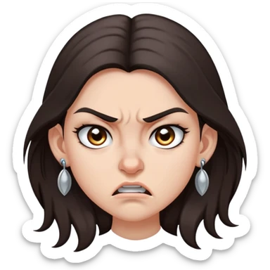 angry girl with long dark brown hair, grey eyes, nose earring on right, pierced ears sticker