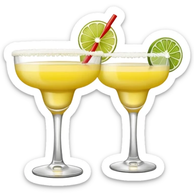 2 margarita cocktails. one is the classic margarita: yellowy with salt on the rim and a lemon. the other one is a spicy margarita: slightly more red color with a small red chili pepper instead of a lemon on the rim  sticker