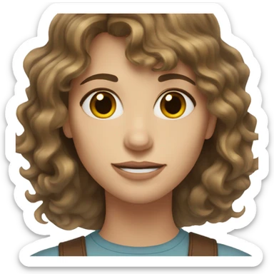 A white woman in her 30s with wavy shoulder length brown hair, bangs, hazel eyes sticker