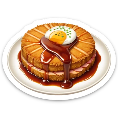 Tonkatsu Cinematic Realistic Tonkatsu Dish Emoji, depicted as a golden, crispy pork cutlet drizzled with tangy BBQ sauce, rendered with detailed textures and dynamic, appetizing lighting. sticker