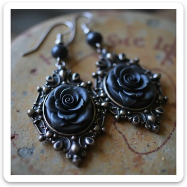 realistic goth earrings, black rose cameo, ornate frame, victorian gothic sticker