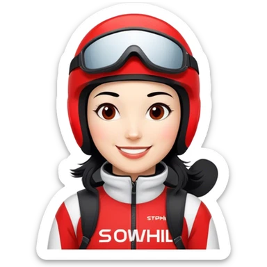 Skifahrerin Abfahrt Anzug rot weiss Aufschrift Stephanie Ski Aufschrift Head schwarze Haare lächeln  sticker