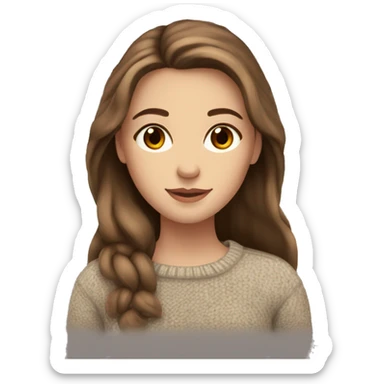 White girl with long medium brown hair and light brown eyes wearing a sweater and in love sticker