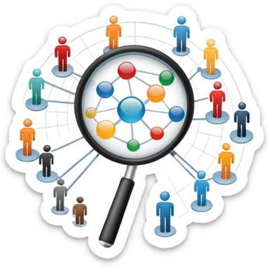 An icon featuring a group of diverse people, a social network diagram, and a magnifying glass, symbolizing sociology. The design includes charts and interconnected lines, representing the study of societies, relationships, and social behavior. Transparent background highlights social analysis. sticker
