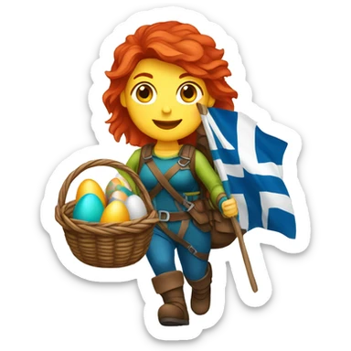 red hair female winter mountaineer climbing with Easter eggsbasket and Greek flag sticker