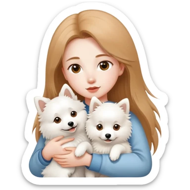 long light brown hair girl with pale skin holding a white Japanese spitz dog in her arms sticker
