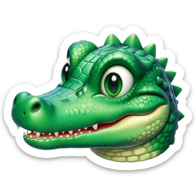 Cinematic Cute Crocodile Portrait Emoji, Head tilted playfully and inquisitively, featuring a smooth, glossy emerald-green hide with subtle textured scales and round, sparkling eyes filled with curious mischief, Simplified yet irresistibly adorable features, highly detailed, glowing with a warm, friendly glow, high shine, affectionate and surprisingly charming, stylized with a touch of wild whimsy, bright and endearing, soft glowing outline, capturing the essence of a mischievous yet lovable crocodile, so playful it feels like it could snap out of the screen into your arms! sticker