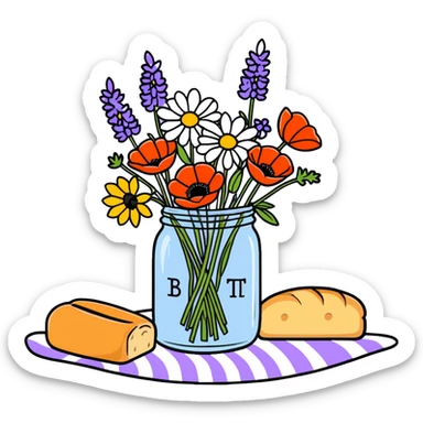 wildflower bouquet with daisies, poppies and lavender arranged in a mason jar on a picnic blanket with bread and fruit sticker