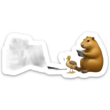 Capybara with a Macbook in the bathroom, around a duck sticker