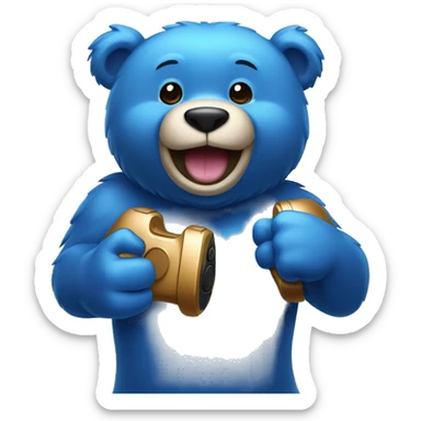 A blue colored bear who’s very happy and holding a ps5 controller in one hand and giving a fist bump with the other.  sticker